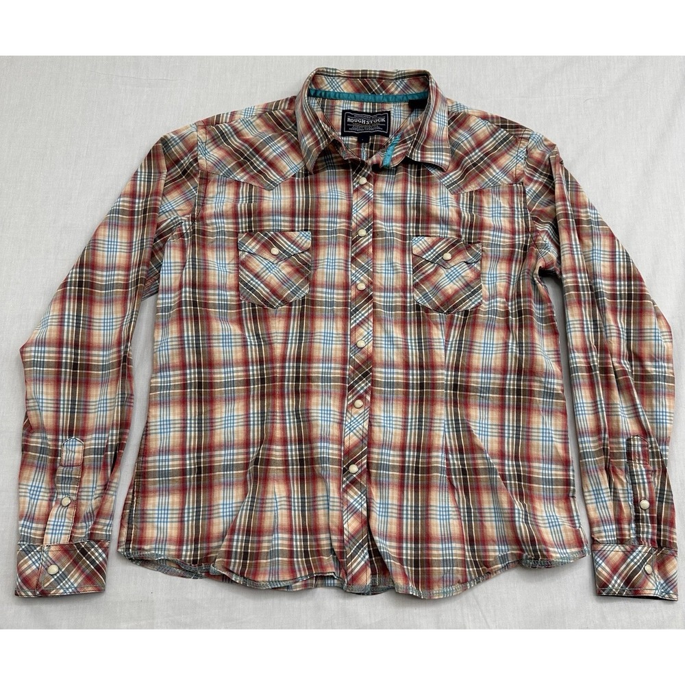 Panhandle Rough Stock Juniors Size L  Cream Plaid Rhinestone Embroidered Shi